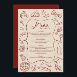Menu de style italien dessiné à la main Rustique r<br><div class="desc">Améliorez votre réception de mariage avec cette carte de menu illustrée rouge et crème rustique. Avec des icônes de nourriture dessinées à la main et un design classique, cette carte de menu personnalisable ajoute une touche charmante à votre jour spécial. Parfaite pour mettre en valeur votre menu soigneusement sélectionné, cette...</div>