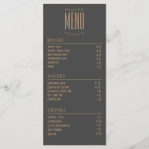 Menu de table de petit café de boulangerie