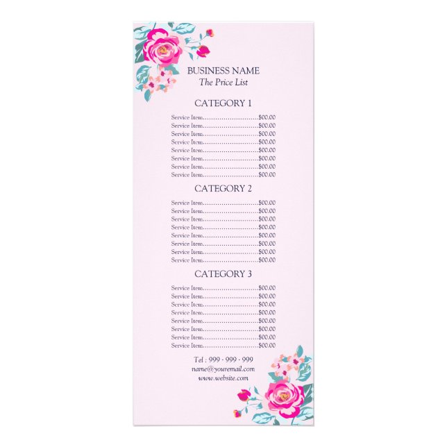 Menu de tarif floral rose chaud Rose (Devant)
