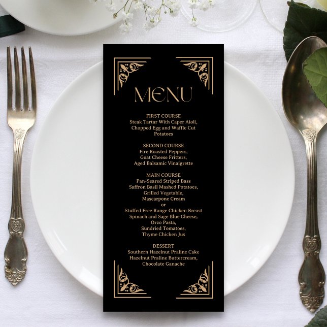 Menu Déco Moderne | Mariage Élégant Noir et Or (Elegant black and gold wedding menu highlights your dishes with sleek personalized elegance)