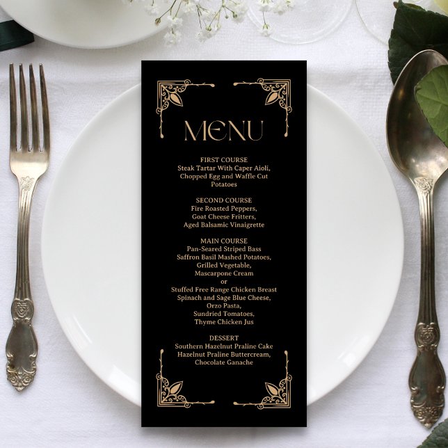 Menu Déco Moderne | Mariage Élégant Noir et Or (Modern deco black and gold wedding menu adds elegant style to showcase your reception feast.)