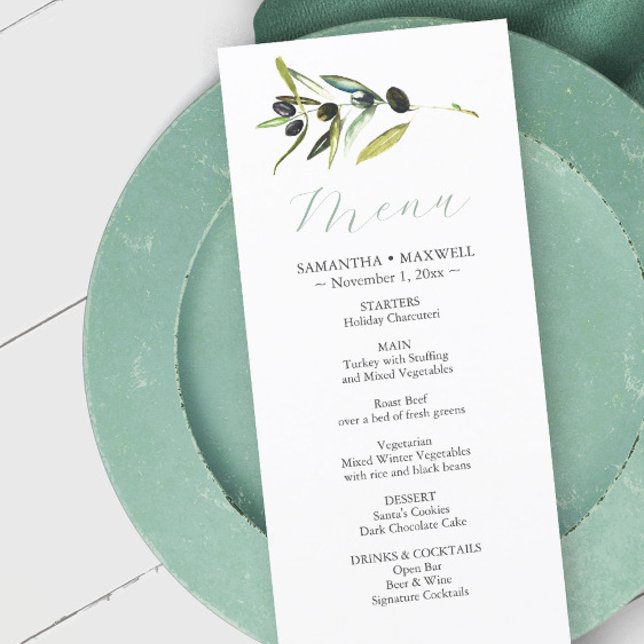 Menu Décoration de mariage à l'aquarelle rustique avec  (wedding menu card botanical watercolor stationery olive branch)