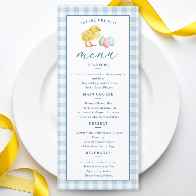 Menu Déjeuner de Pâques au gingham bleu avec poussin et (Créateur téléchargé)