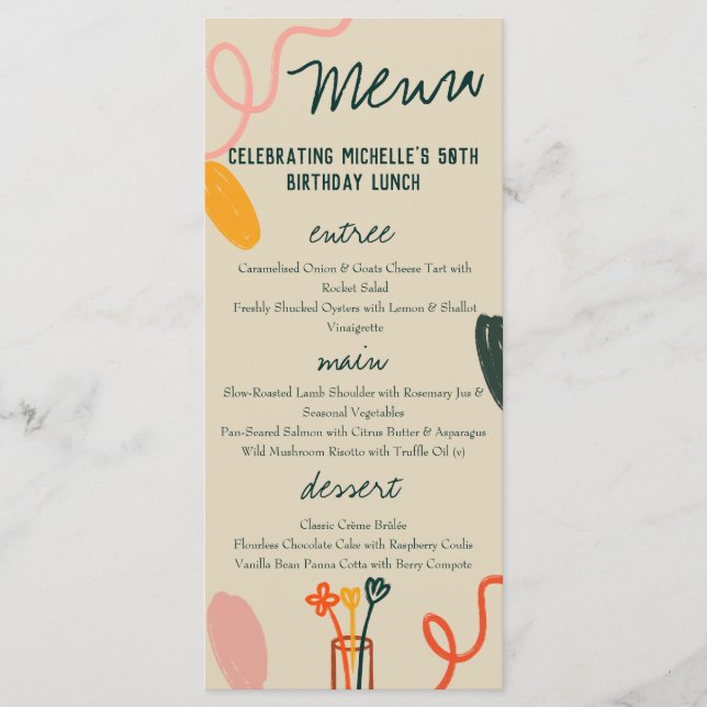 Menu Déjeuner dîner Whimsical Winery Anniversaire (Devant)