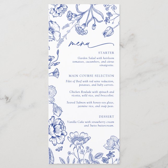 Menu Déjeuner Mariage Fleurs Sauvages Modernes Bleues (Devant)