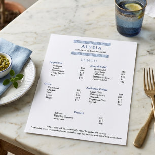 Menu déjeuner simple et élégant de restaurant grec