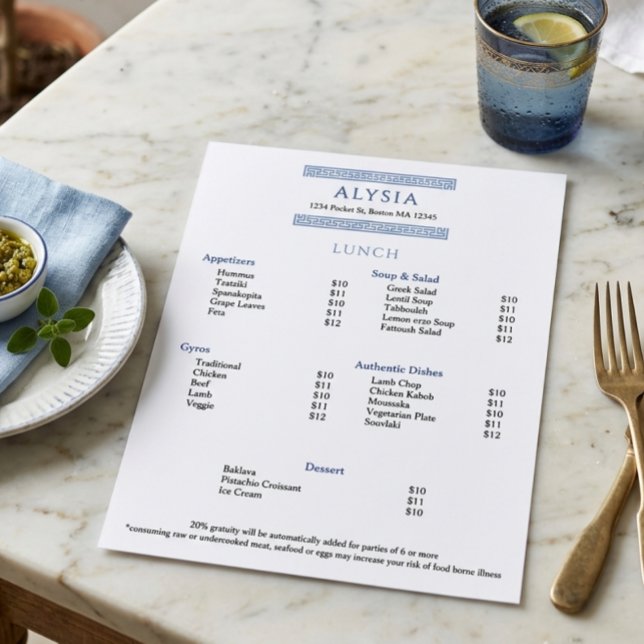 Menu déjeuner simple et élégant de restaurant grec (Créateur téléchargé)