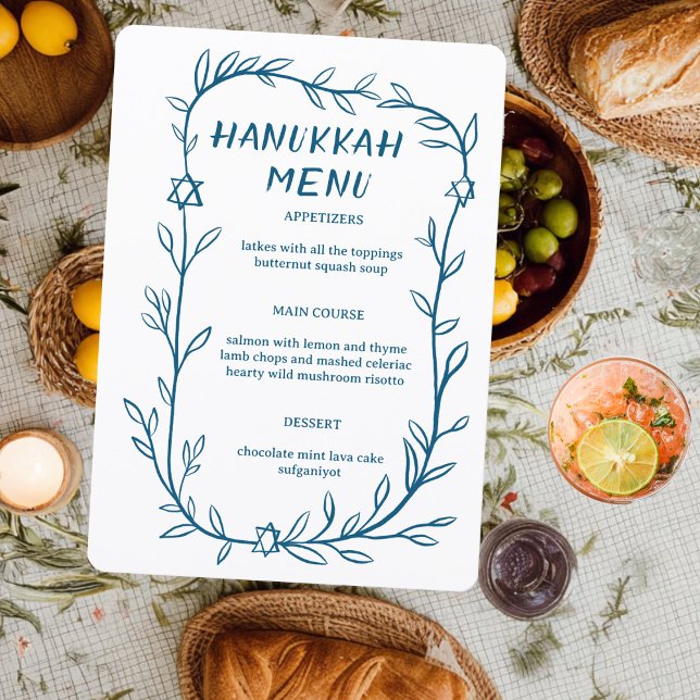 Menu Delicate Botanical Hanukkah Party Dinner CUSTOM  (Delicate Botanical Drawing Hanukkah Party Dinner CUSTOM jewish Event Menu
)