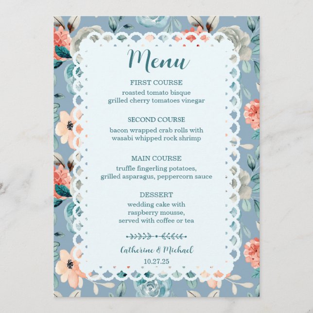 Menu Dentelle florale bleu foncé | Calligraphie décorat (Devant)