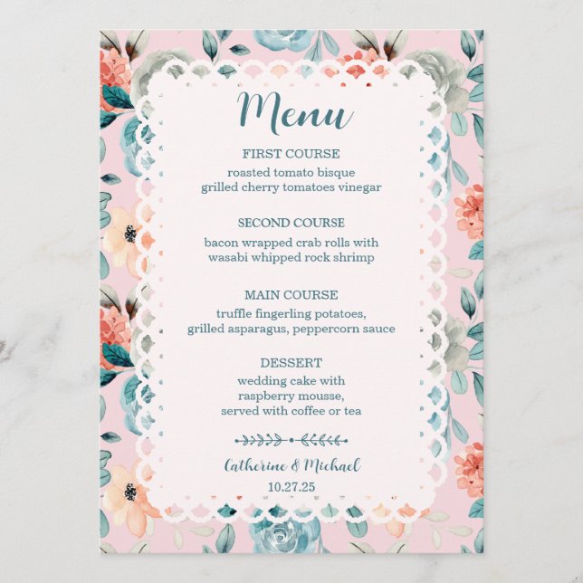 Menu Dentelle florale rose pâle Élégante calligraphie d (Devant)