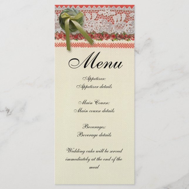 Menu Dentelle Rose Antique Rouge Rustique Burlap Victor (Devant)