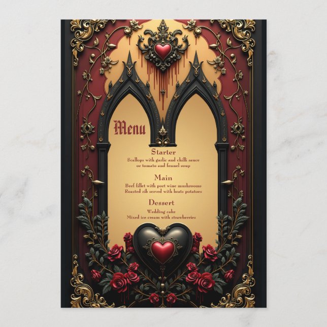Menu Des accents dorés, des roses rouges et un coeur : (Devant)