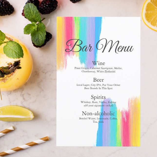 Menu des boissons de mariage chic aquarelle arc-en (Créateur téléchargé)