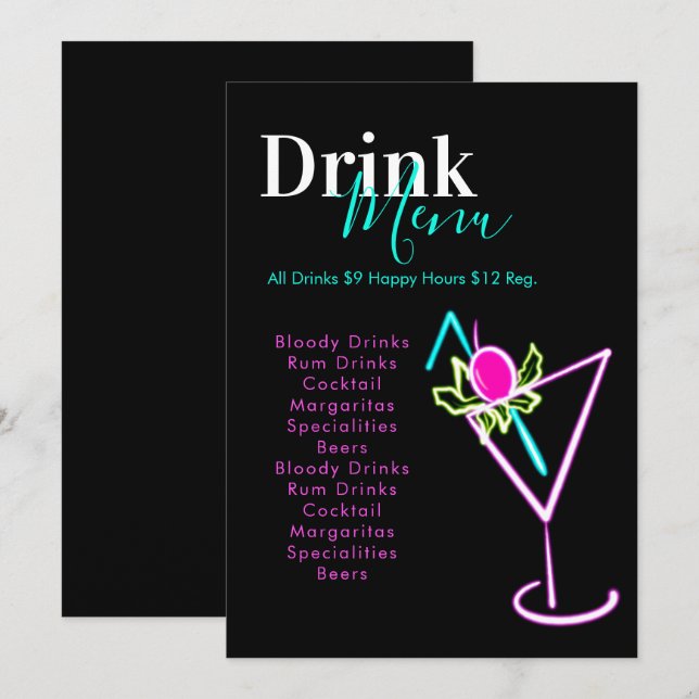 Menu des boissons du bar club restaurant néon (Devant / Derrière)