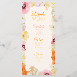 Menu des Boissons Floral Pastel Orange, Rose et Ja