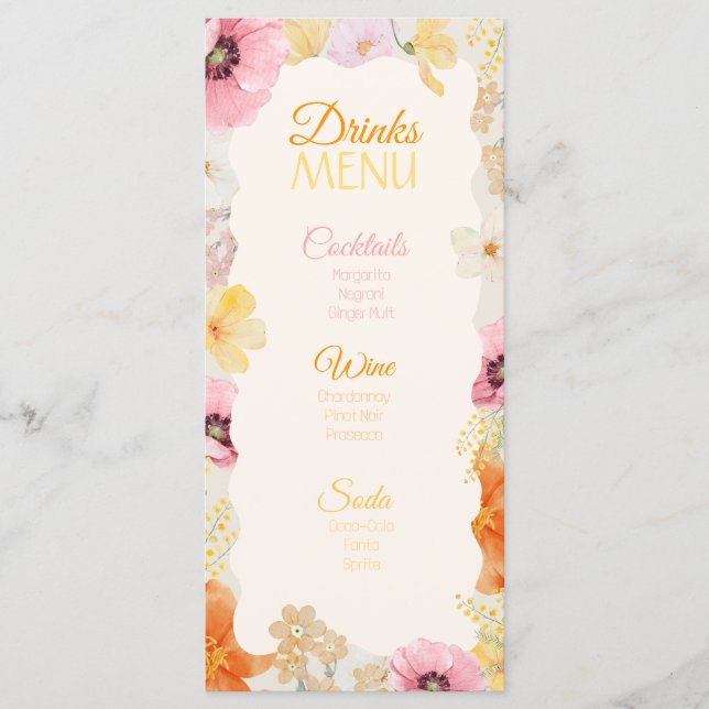 Menu des Boissons Floral Pastel Orange, Rose et Ja (Devant)