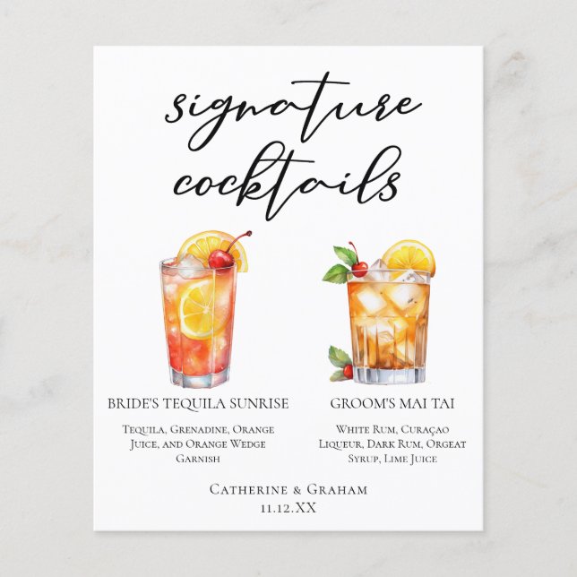 Menu des cocktails signature de mariage de plage d (Devant)