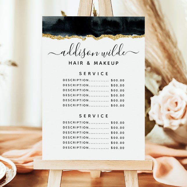 Menu des prix du service d'aquarelle noir et or (Créateur téléchargé)