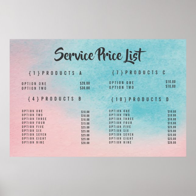 Menu des prix du service d'ombre affiche imprimée  (Devant)