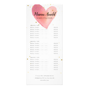 Menu des services de salon de cœur aquarelle rose