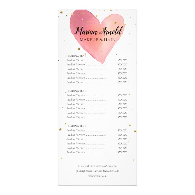 Menu des services de salon de cœur aquarelle rose  (Devant)
