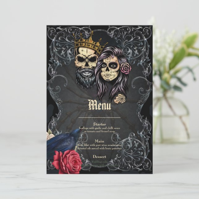 Menu Design mariage gothique foncé avec crânes (Debout devant)