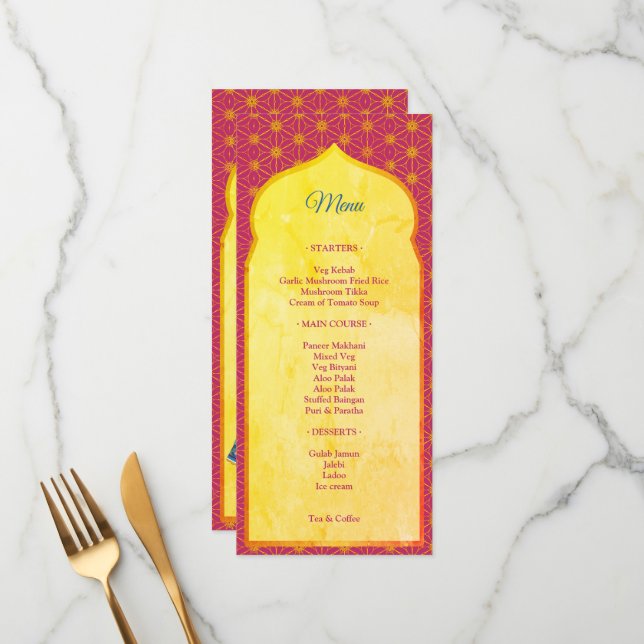 Menu Design rose et or frontière mariage indien (Devant/Arrière en situation)