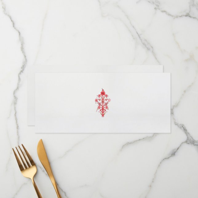 Menu dessin d'une fleur rouge et feuille sur un ba blan (Devant/Arrière en situation)
