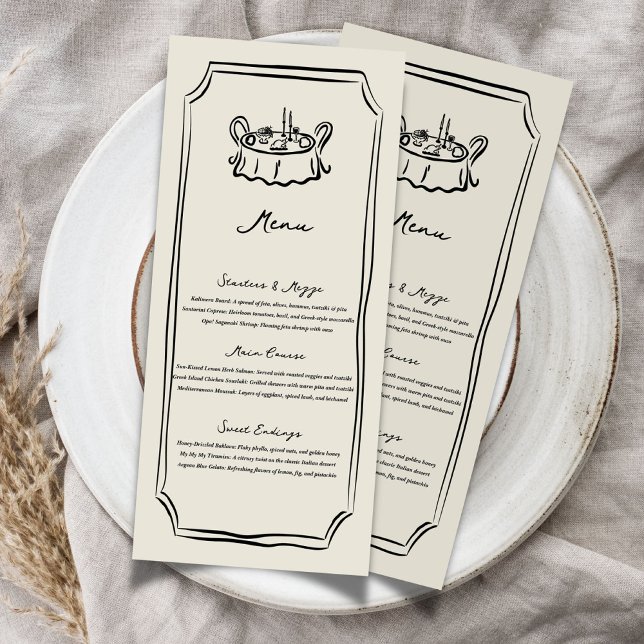 Menu Dessiné à la Main pour un Dîner de Mariage Fa (Whimsical Wedding Food Dinner Menu)