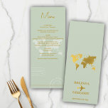 Menu Destination Mariage Monde Passport Sage Vert Or<br><div class="desc">Un modèle de passeport de mariage vert et or sage avec carte du monde or, avion et éléments de voyage. Ce design est idéal pour tous les mariages de destination printemps, été, automne et hiver. Un élégant design de voyage mariage de sauge vert et d'or avec la disposition des passeports,...</div>