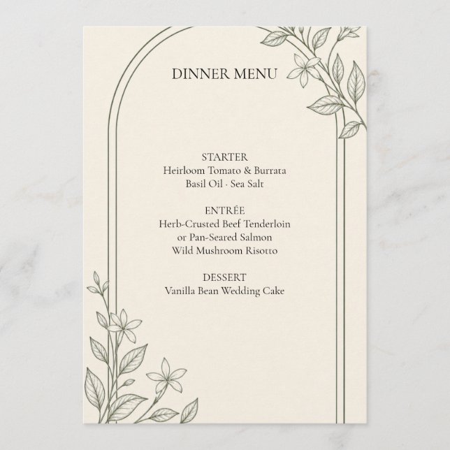 Menu détaillé de dîner de mariage botanique à l'ol (Devant)