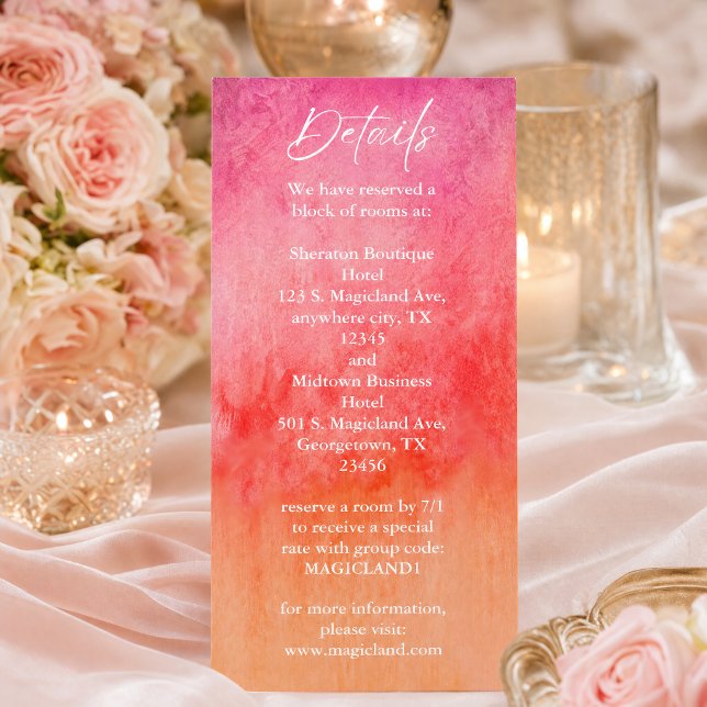 Menu Détails de mariage à l'aquarelle rose chaud et ora (Celebrate your special day with this stunning watercolor Enclosure Cards featuring a vibrant sunset)