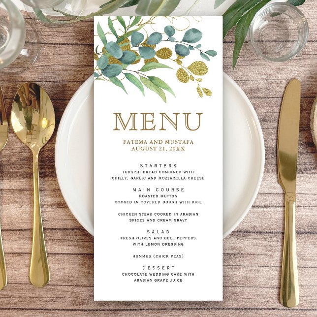 Menu Détails de mariage de branche dorée d'eucalyptus r (Créateur téléchargé)