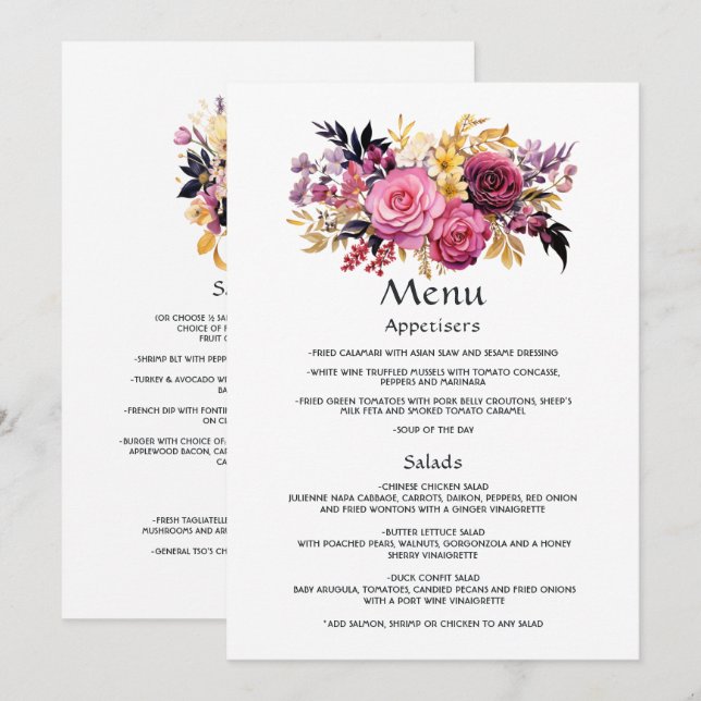 Menu Détails des invités floraux rose, violet, noir et  (Devant / Derrière)