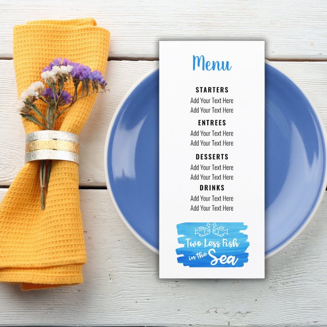 Menu Deux poissons en moins dans la mer Plage mariage (two less fish in the sea whimsical casual wedding menu)