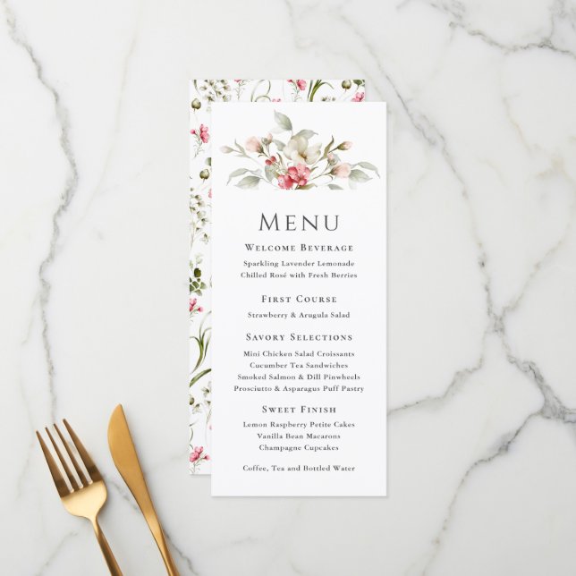 Menu d'événement floral rose féminin (Devant/Arrière en situation)