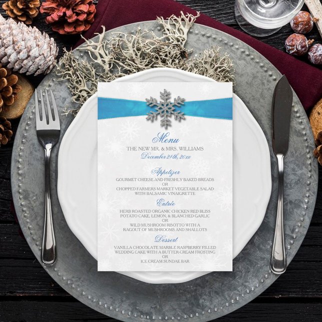 Menu Diamante Snowflake & Blue Ribbon Mariage d'hiver (Créateur téléchargé)