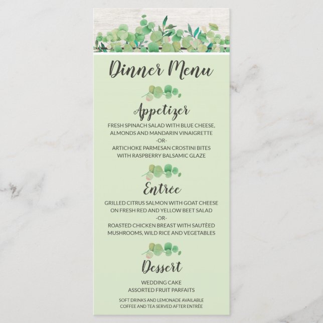 Menu Dîner botanique rustique en bois et feuilles d'euc (Devant)