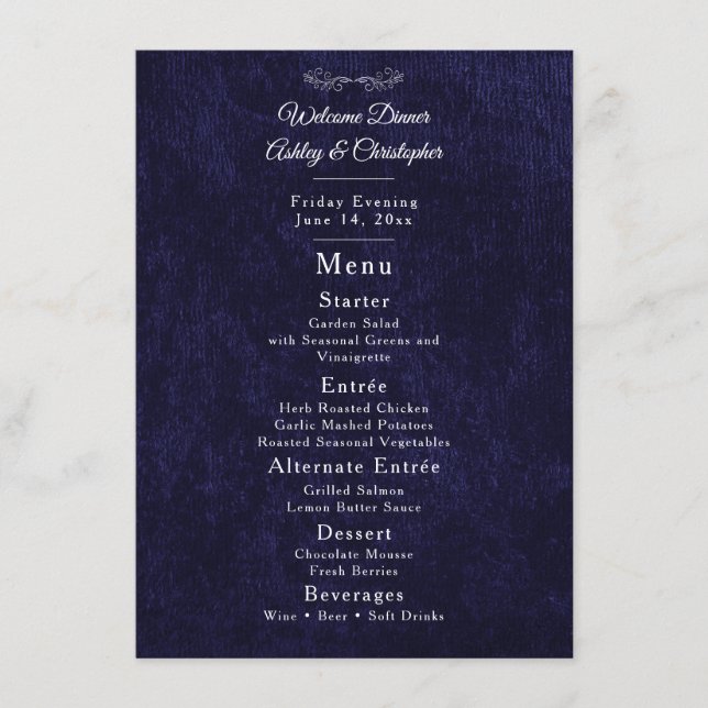 Menu Dîner de bienvenue élégant bleu marine blanc (Devant)