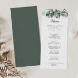 Menu Dîner de calligraphie florale blanche tropicale<br><div class="desc">Cette carte à la carte à la calligraphie florale blanche et verdoyante est parfaite pour un mariage rustique. Le design est composé de bouquets feuille de palmiers verts avec de belles fleurs blanches. Ce menu peut être utilisé pour une réception de mariage, un dîner de répétition, une douche nuptiale ou...</div>