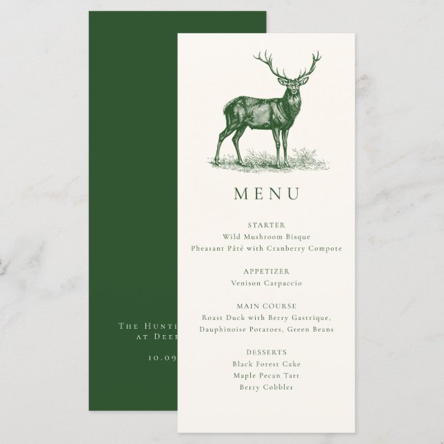 Menu Dîner de chasse vert rustique élégant Cerf Biche A (Devant / Derrière)