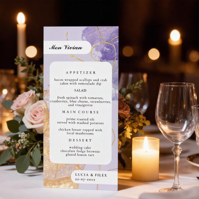 Menu Dîner de luxe violet et or abstrait avec nom des i (Créateur téléchargé)