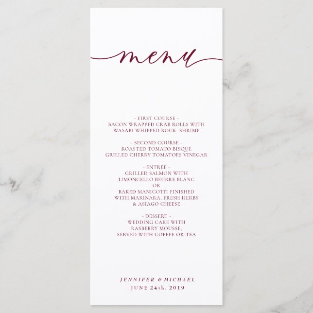 Menu Dîner de mariage à écriture simple blanc Bourgogne (Devant)