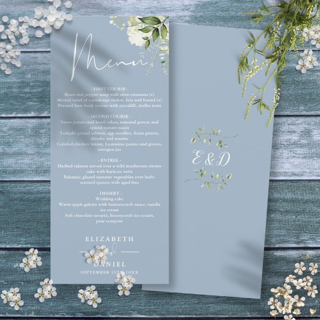 Menu Dîner de mariage au monogramme de verdure florale  (Dusty Blue Floral Greenery Monogram Wedding Dinner Menu)