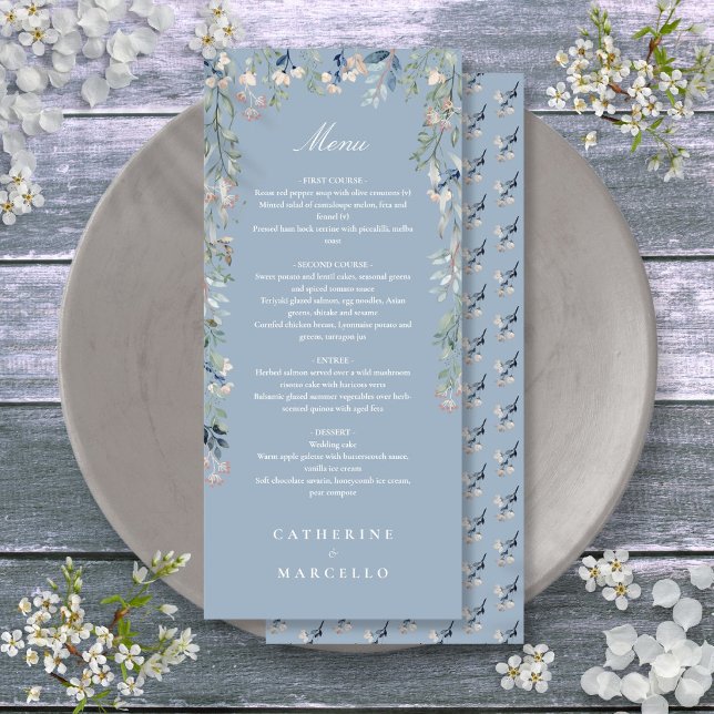 Menu Dîner de mariage aux fleurs sauvages bleu poussiér (Dusty Blue Floral Wildflowers Wedding Dinner Menu)