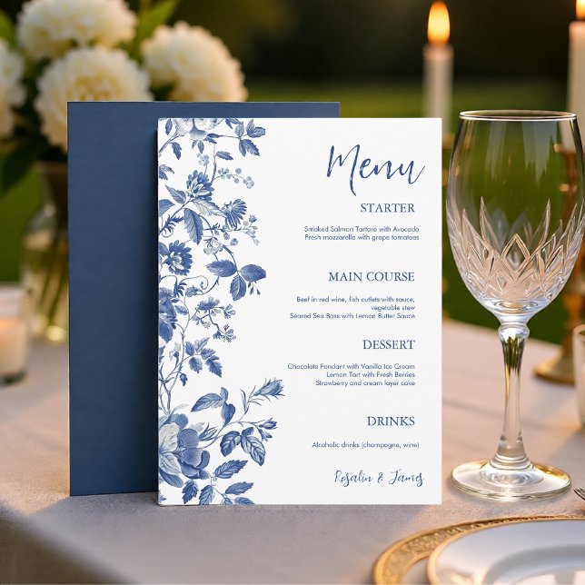 Menu Dîner de mariage botanique Toile Bleue Classique (Classic Blue Toile Botanical Wedding Dinner Menu)