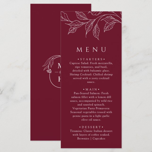 Menu Dîner de mariage élégant botanique bordeaux (Devant / Derrière)
