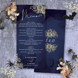 Menu Dîner de Mariage gothique floral Rose de minuit<br><div class="desc">Cet élégant menu mariage gothique floral noir et or peut être personnalisé avec vos informations en typographie chic avec vos initiales monogrammes au verso. Conçu par Thisisnotme©</div>