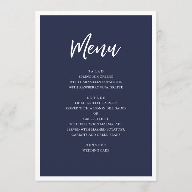 Menu Dîner de mariage moderne Navy. Simple bleu minimal (Devant)
