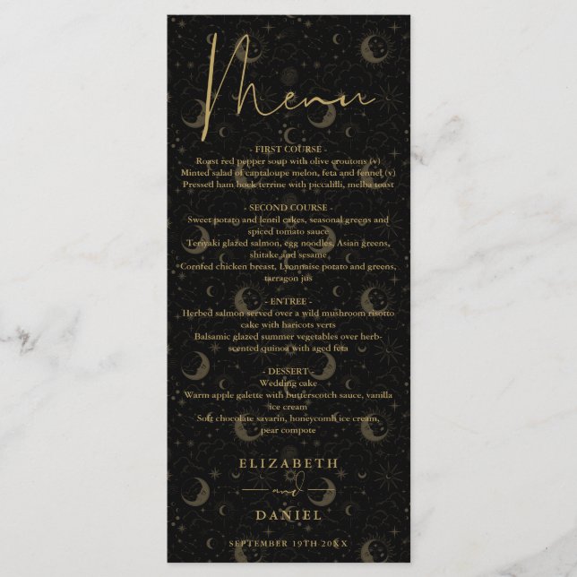 Menu Dîner de mariage noir et or mystique céleste (Devant)